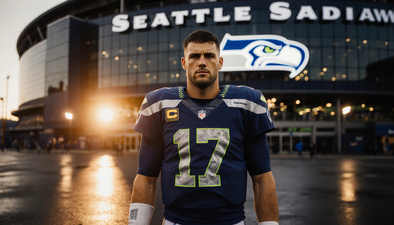 Philip Rivers standing confidently with Colts uniform and sunset-lit playoff push Seahawks stadium façade reflecting lights.
