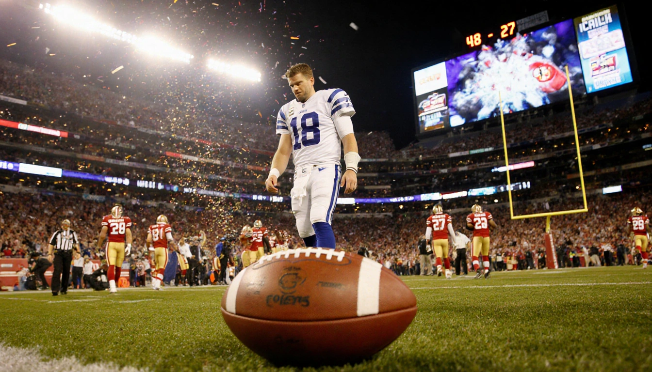Philip Rivers walks off the field with a defeated look and a lone football beside him while the Colts 48-27 scoreboard glows.