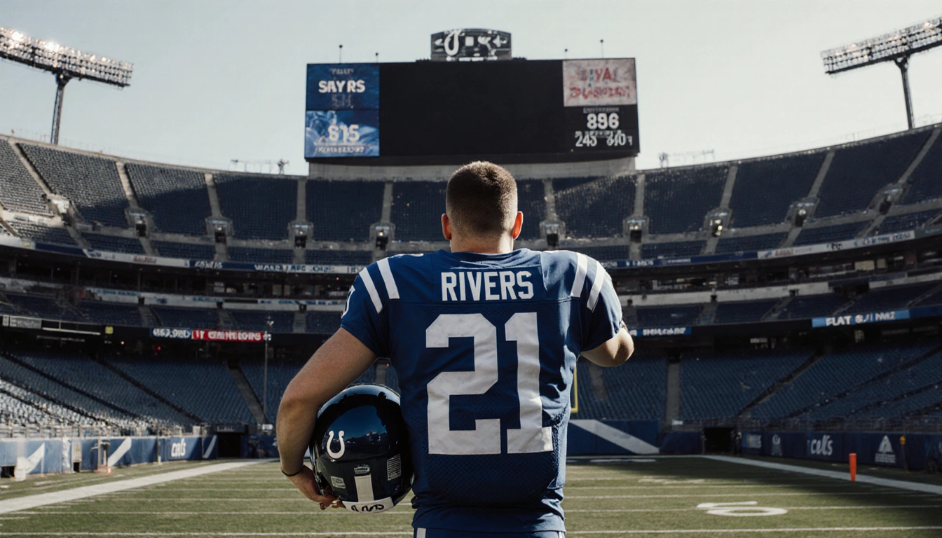 Philip Rivers stands alone with Colts jersey and helmet reflected in empty stadium with fading scoreboard.