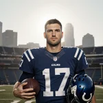 Philip Rivers standing in Colts jersey holding a football and hat with warm light in empty Lucas Oil Stadium
