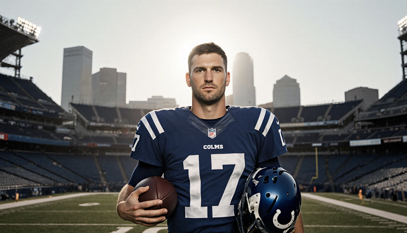 Philip Rivers standing in Colts jersey holding a football and hat with warm light in empty Lucas Oil Stadium