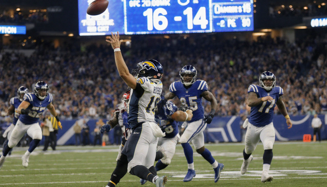 Philip Rivers throwing a deep pass with teammates scrambling near a blurred scoreboard showing 16-14.
