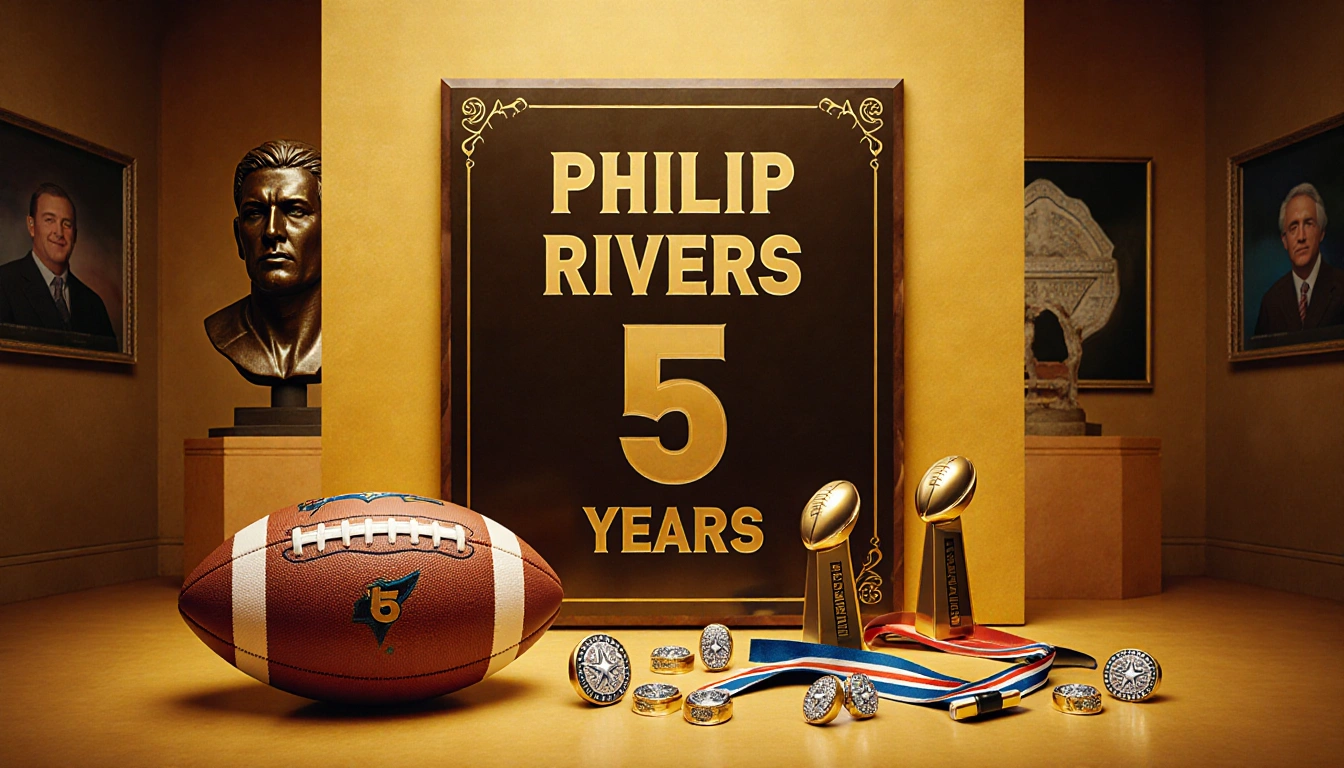 Plaque etched with Philip Rivers' name and the number 5 in bold, set against a golden Hall of Fame backdrop with a football.