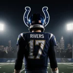 Philip Rivers standing reflective on dim football field with Colts logo bright in distance and city skyline by streetlights