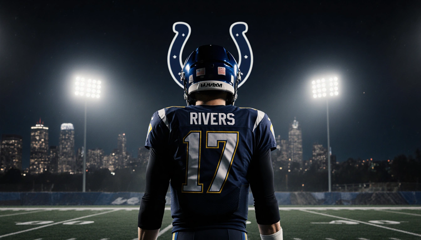 Philip Rivers standing reflective on dim football field with Colts logo bright in distance and city skyline by streetlights