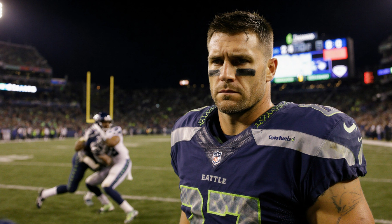 Philip Rivers watches the field with a disappointed expression as a Seattle tackle occurs in the background.