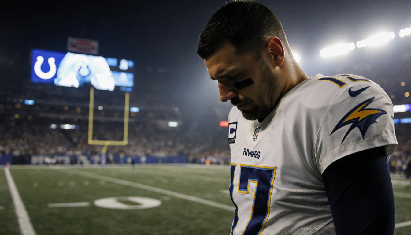Philip Rivers contemplates with downward gaze and arm extended on sidelines and blurred football field behind