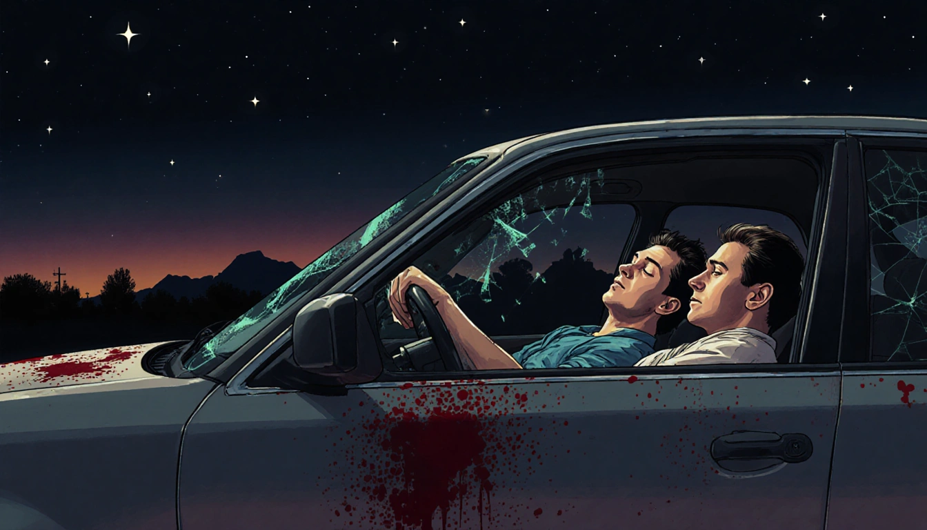 Two men lie lifeless inside a parked car with bloodstains and shattered glass and a darkening night sky over Phoenix.