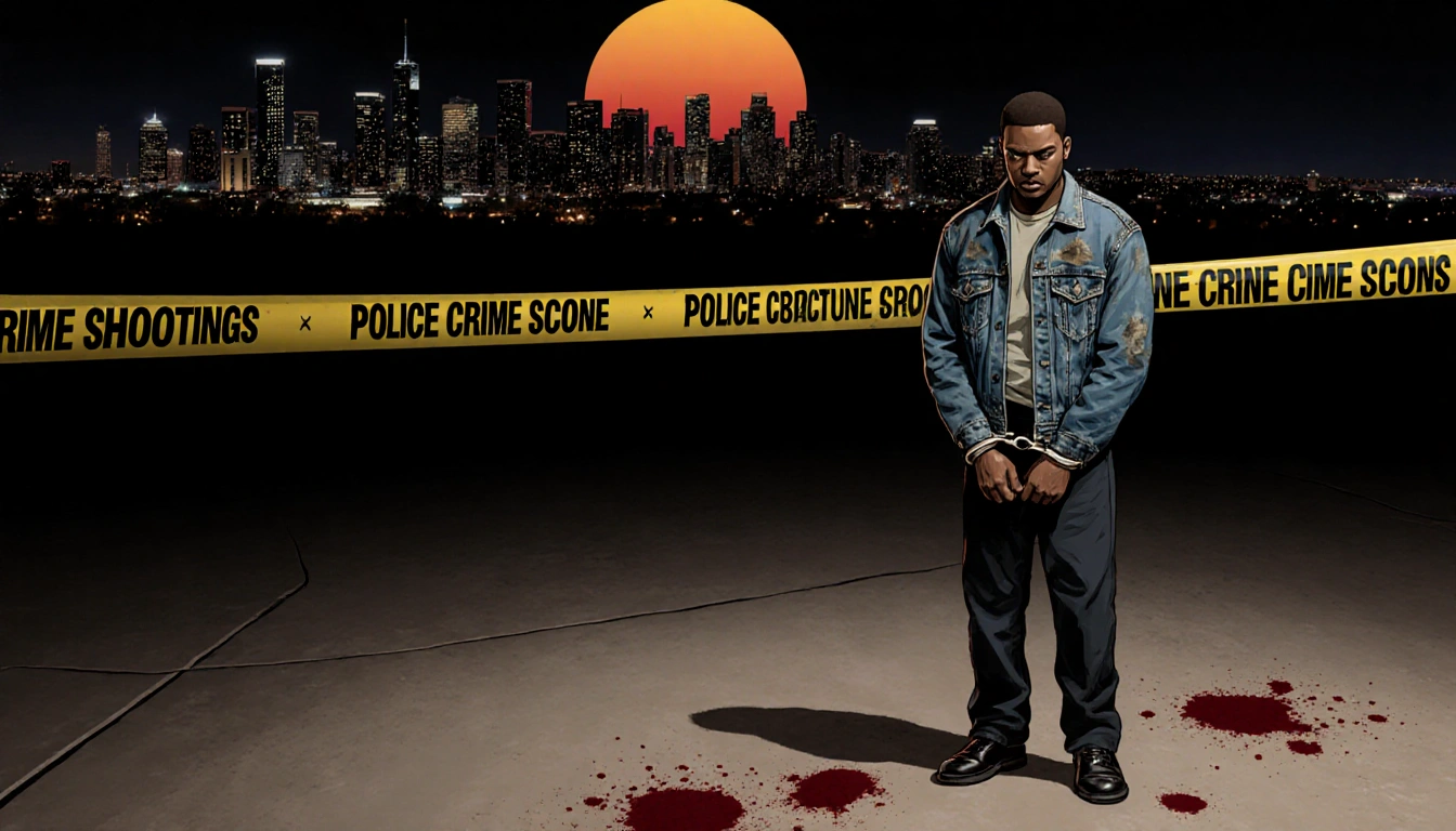 Cleophus Cooksey Jr. standing in handcuffs with crime scene tape against a dark Phoenix cityscape at night and an ominous sun