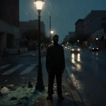 Figure standing under flickering streetlight with rain-soaked streets and shattered glass in a deserted Phoenix city