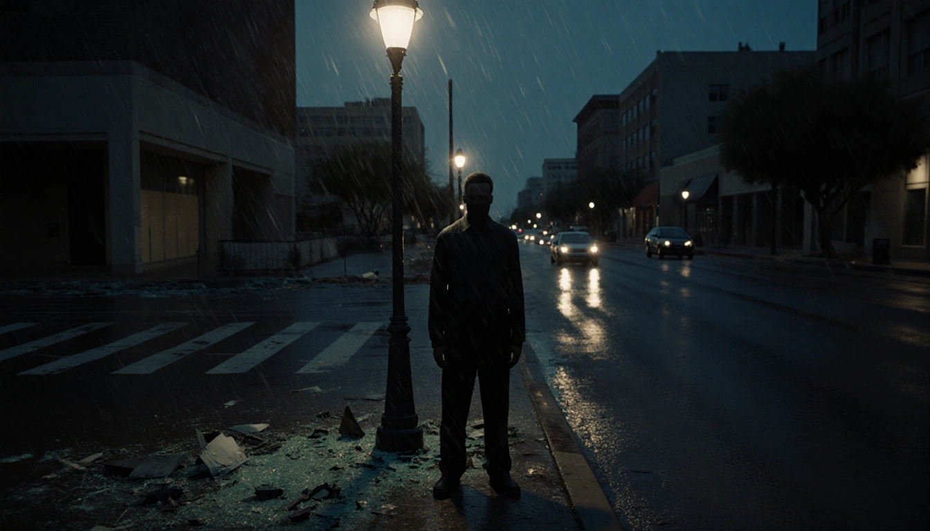 Figure standing under flickering streetlight with rain-soaked streets and shattered glass in a deserted Phoenix city