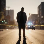 Cleophus Cooksey Jr. standing looking down at his feet with blurred police car and forensic tape under city lights