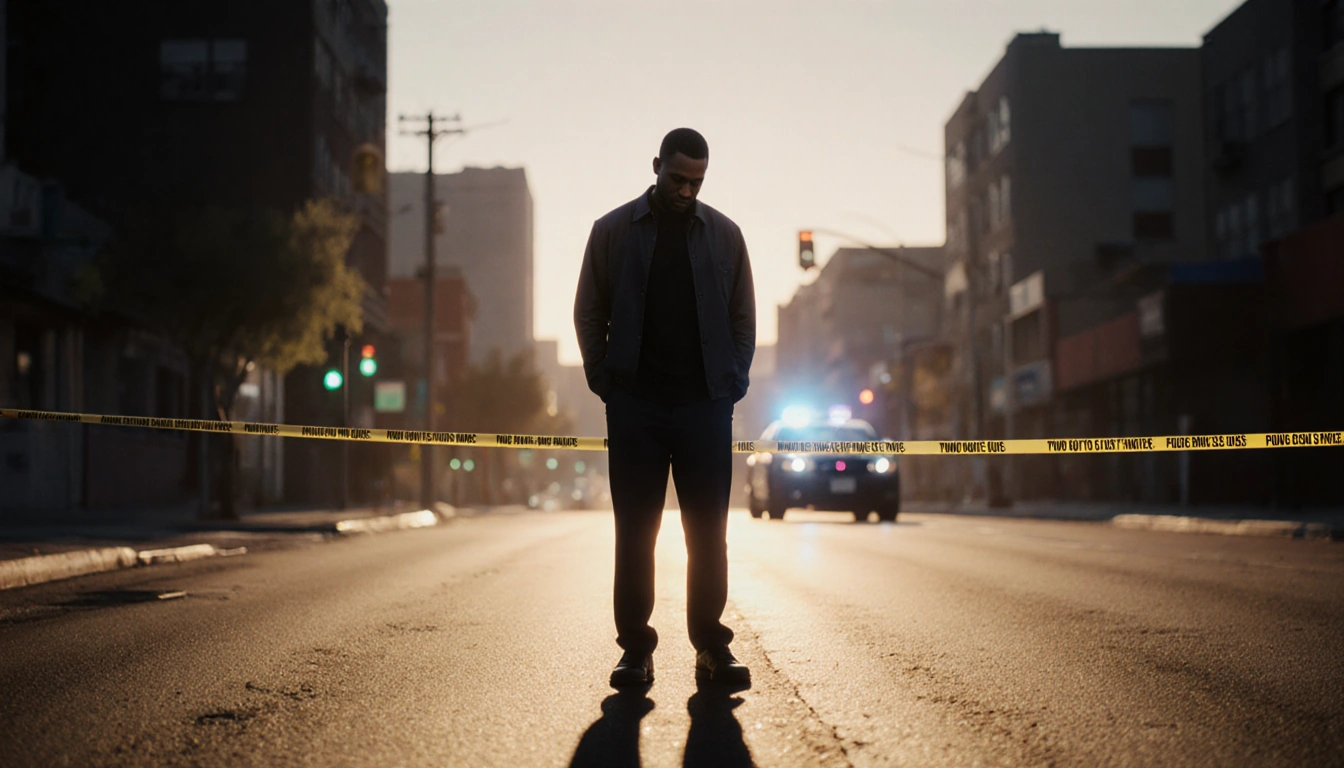 Cleophus Cooksey Jr. standing looking down at his feet with blurred police car and forensic tape under city lights