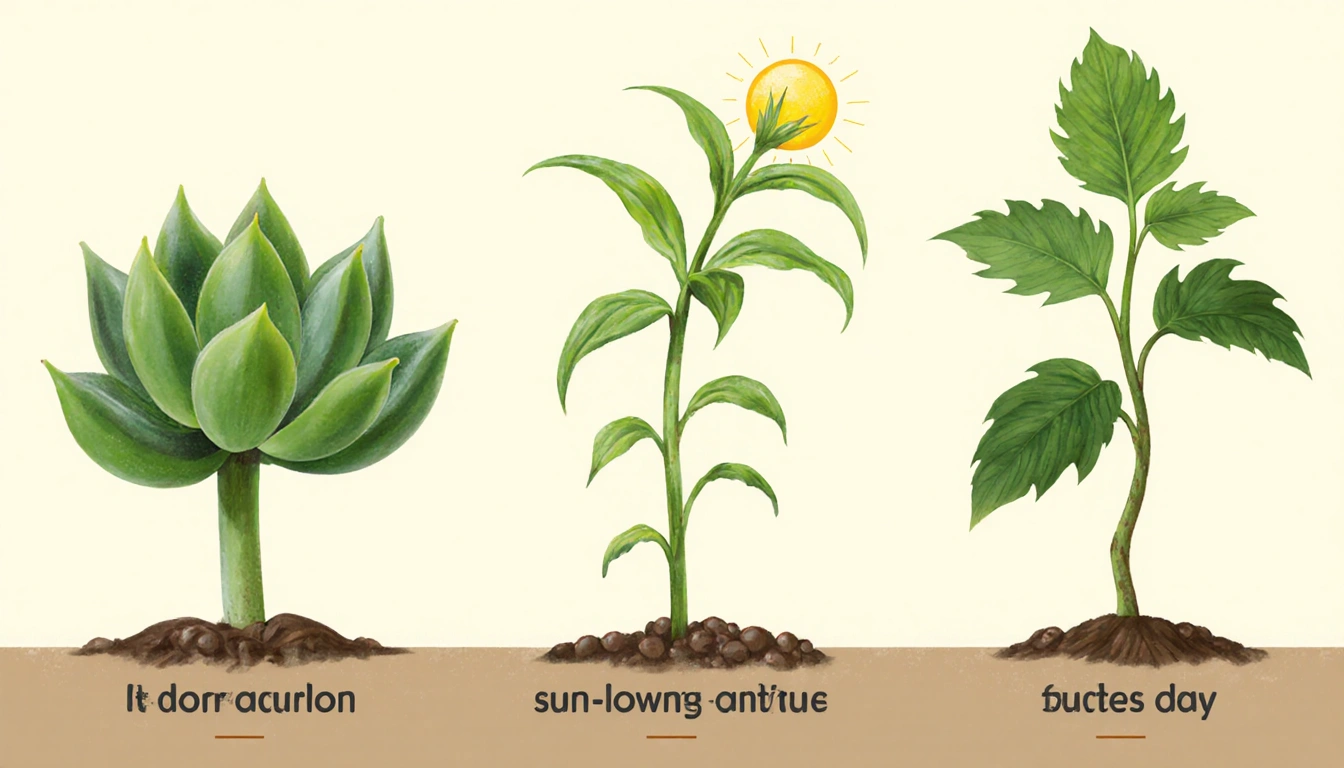 Three plants grow side by side with a short succulent, a tall sun-loving annual, and a woody perennial herb.