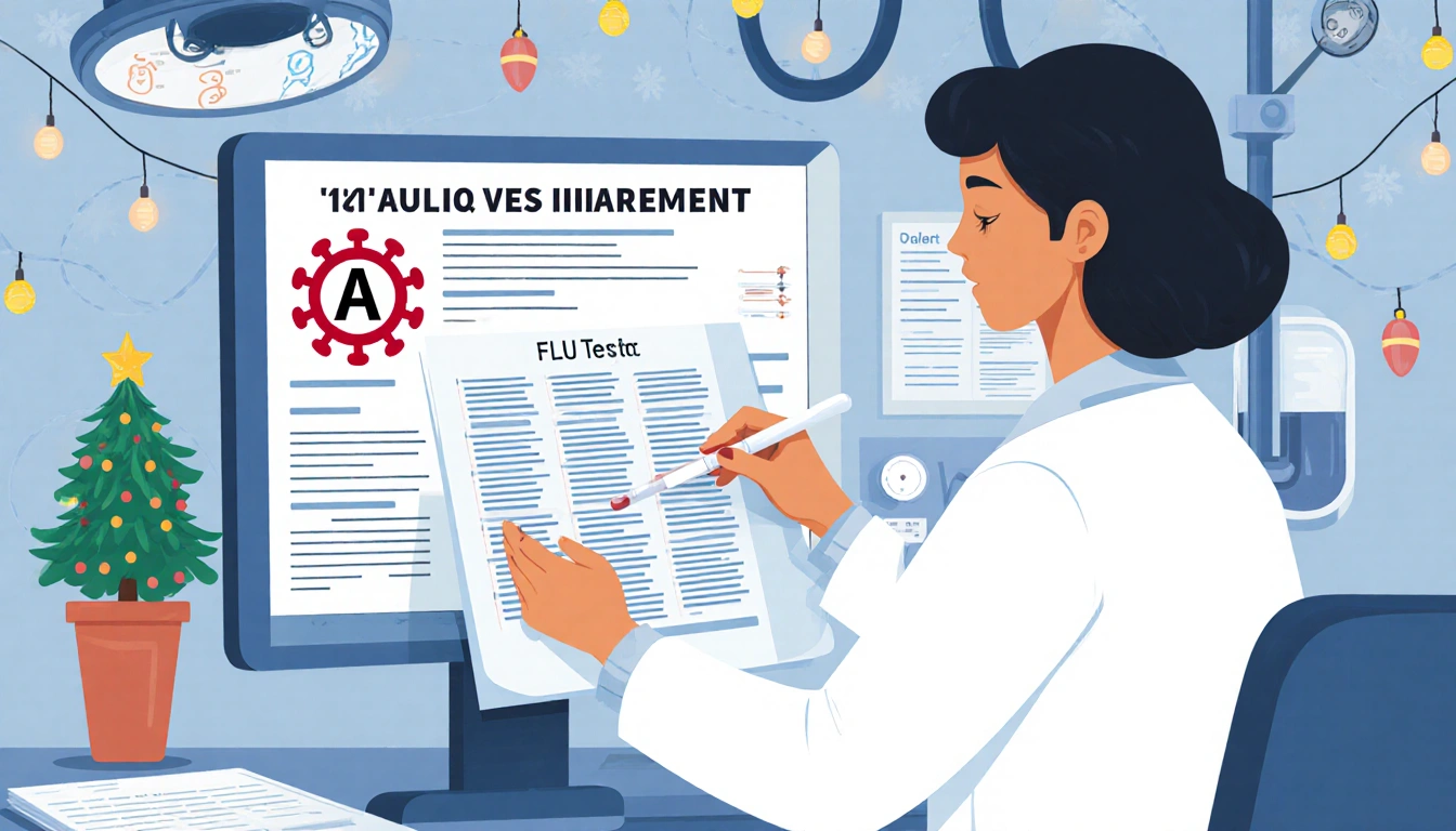 Female physician assistant examining chart with flu test result screen and influenza icon near holiday lights