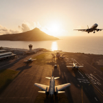 US military aircraft taking off over Piarco International Airport with golden sunset and Caribbean Sea horizon