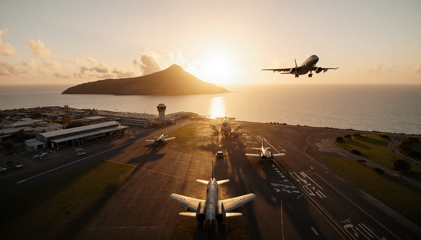US military aircraft taking off over Piarco International Airport with golden sunset and Caribbean Sea horizon