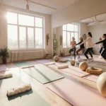 Members practicing Pilates in a vintage studio with infrared heated mat and soft natural light
