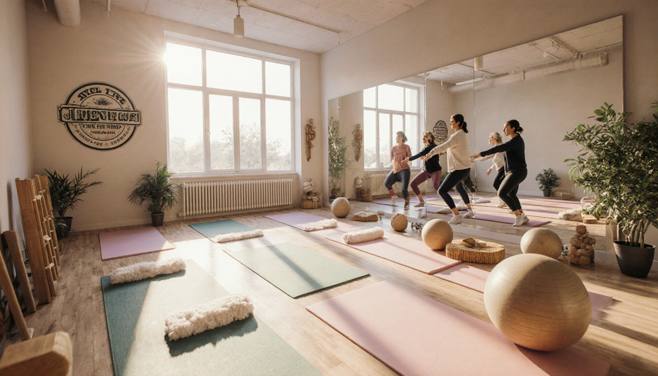 Members practicing Pilates in a vintage studio with infrared heated mat and soft natural light