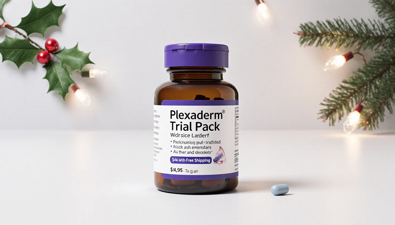 Pill bottle labeled Plexaderm Trial Pack appears affordable at $14.95 with free shipping beside a holly sprig
