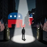 Figure standing between pipe bombs with American flags and torn party logos.