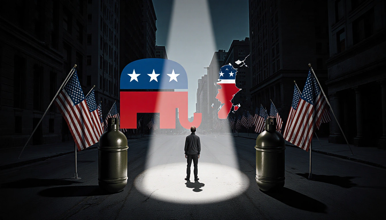 Figure standing between pipe bombs with American flags and torn party logos.