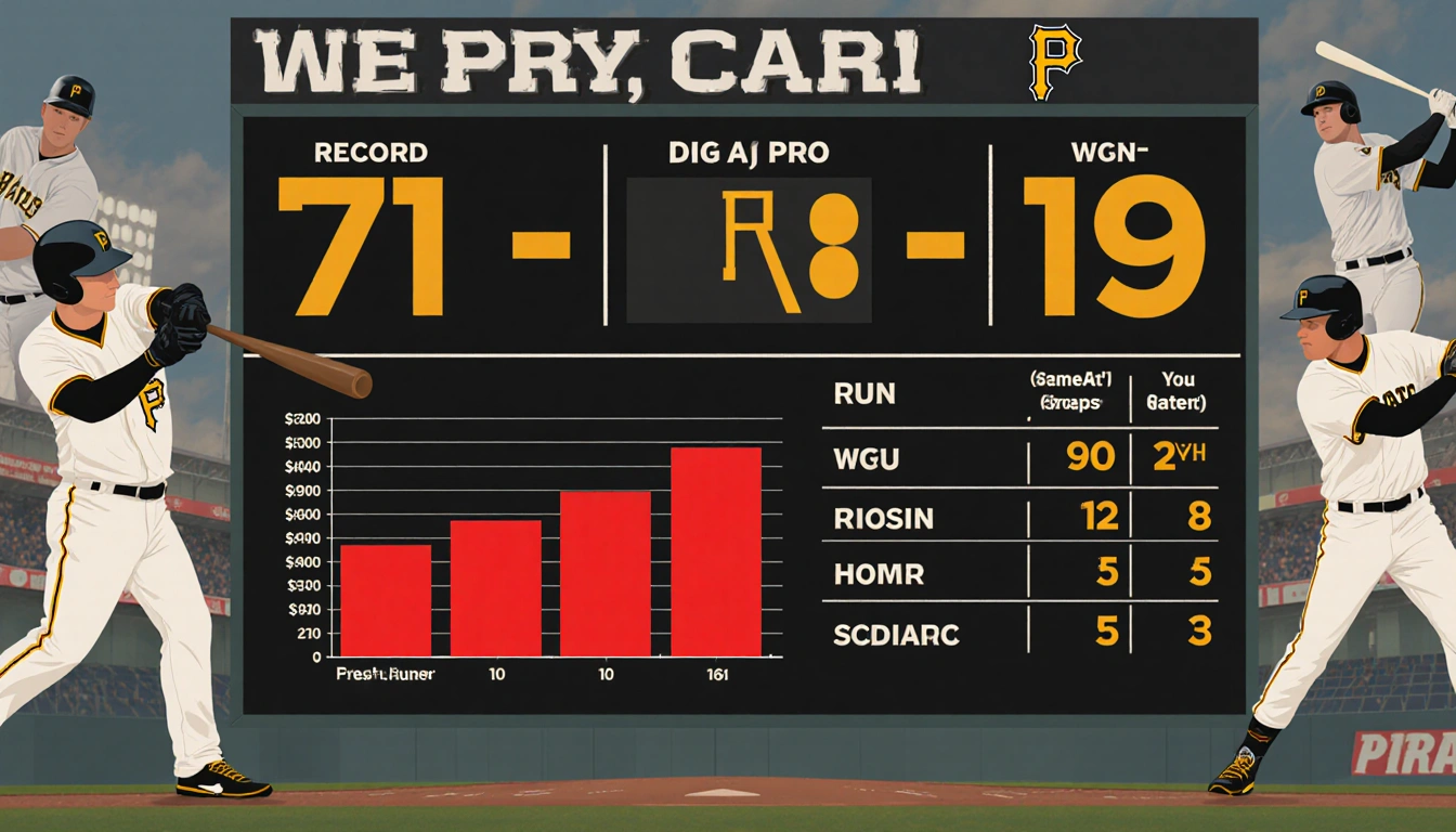 Stadium scoreboard flashing 71-91 record with red graph of low runs and home runs and faint Pirates logo