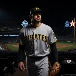 Brandon Lowe stepping out of darkness with a bat in hand and a Pirates jersey glowing in a dim stadium.