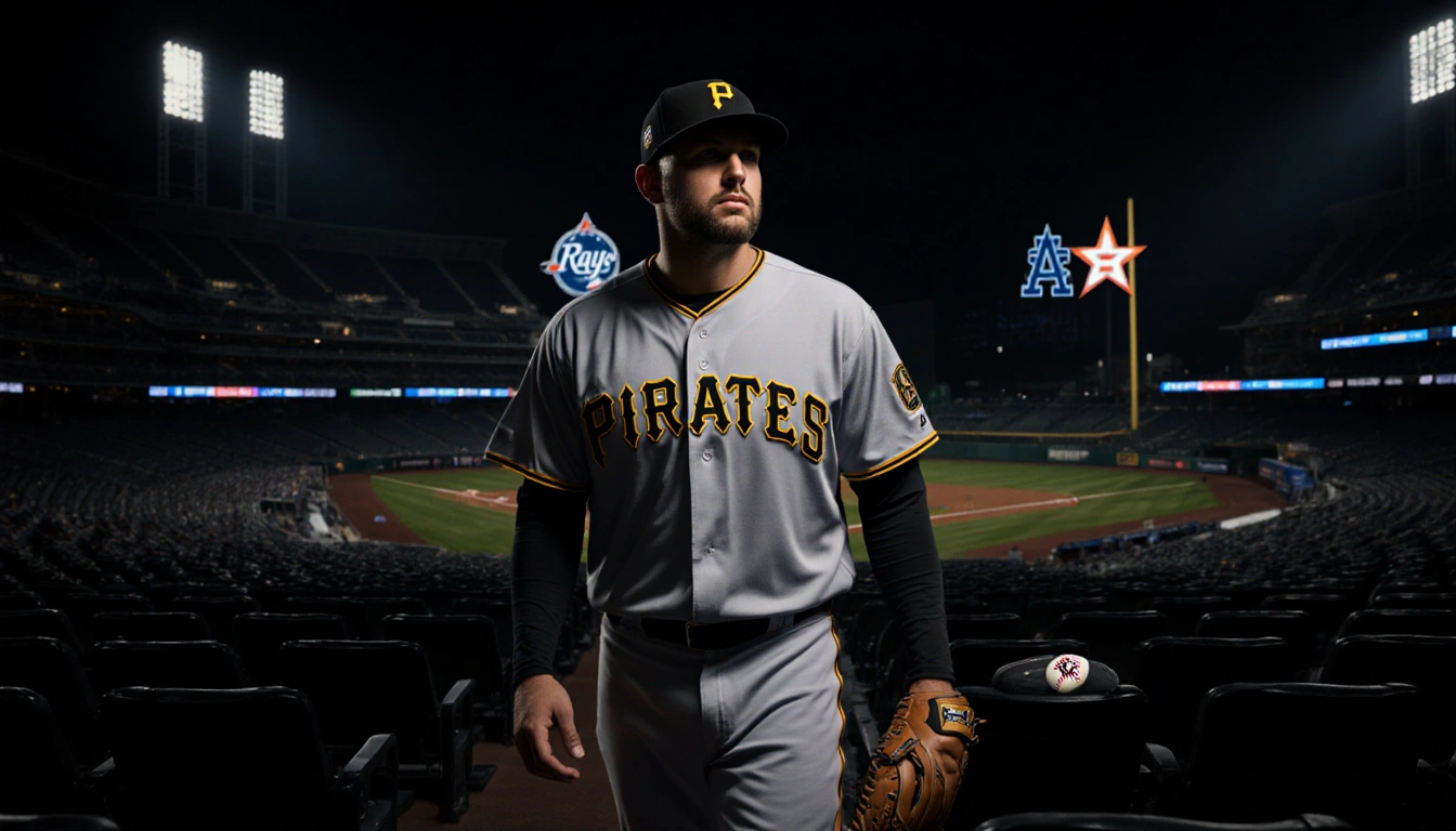 Brandon Lowe stepping out of darkness with a bat in hand and a Pirates jersey glowing in a dim stadium.