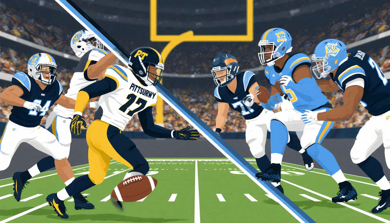 Pittsburgh player intercepting ball during a turnover with East Carolina fumble in split-screen football scene.
