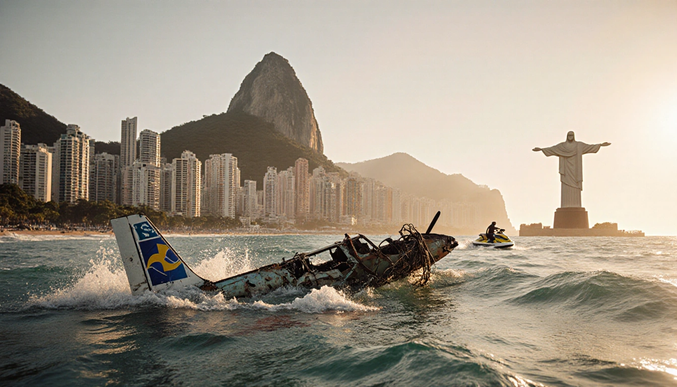 Submerged ultralight plane wreckage drifts with floating debris near Christ the Redeemer under golden sunset.