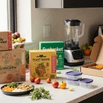 Counter displays plant‑based meal kits with fresh fruits bathed in natural light.