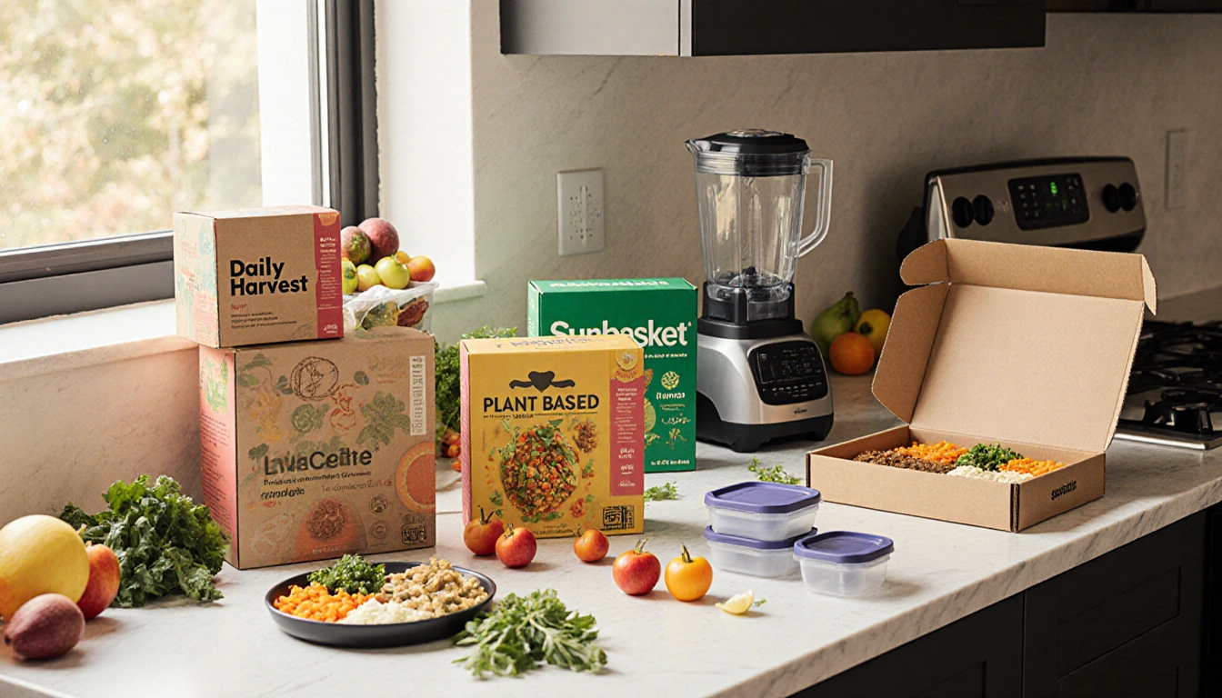 Counter displays plant‑based meal kits with fresh fruits bathed in natural light.