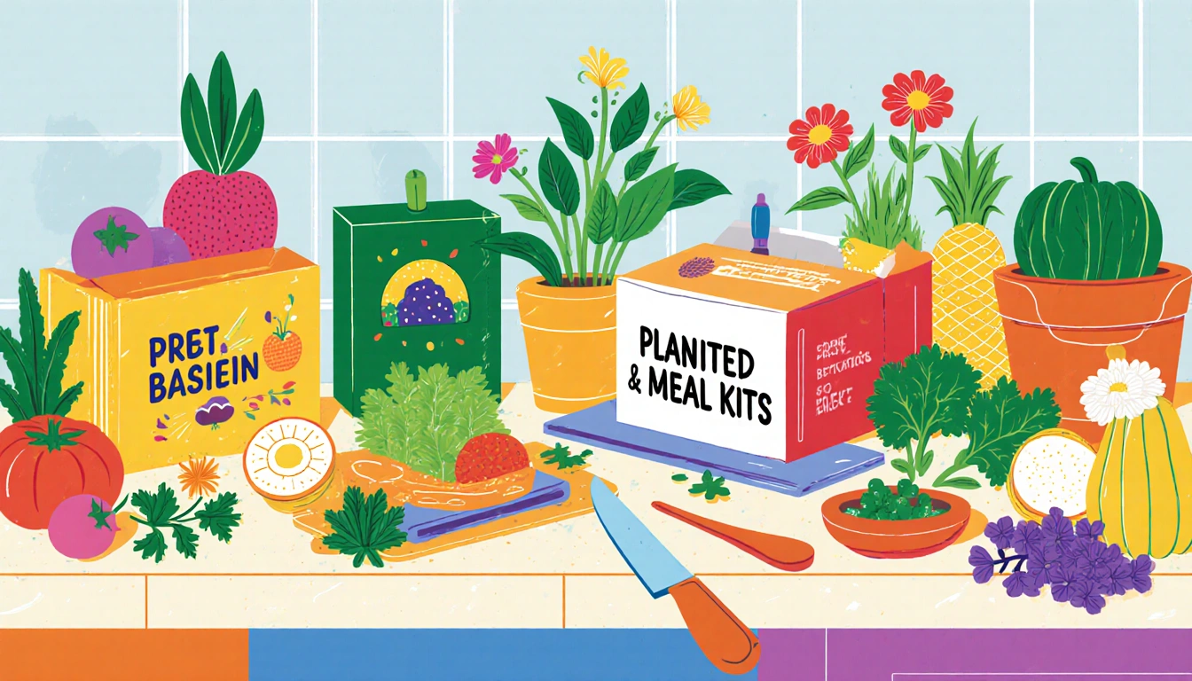 Kitchen counter displaying plant-based meal kits with fresh herbs and veggies and a chef's knife beside a cutting board