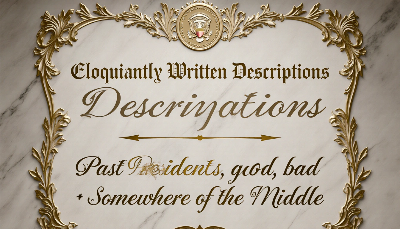 Plaque Eloquently Written Descriptions above and Past Presidents good bad middle below with gold accents cursive script.