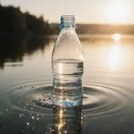 Plastic bottle floating in dawn lake with golden light and tiny microplastic specks reflected