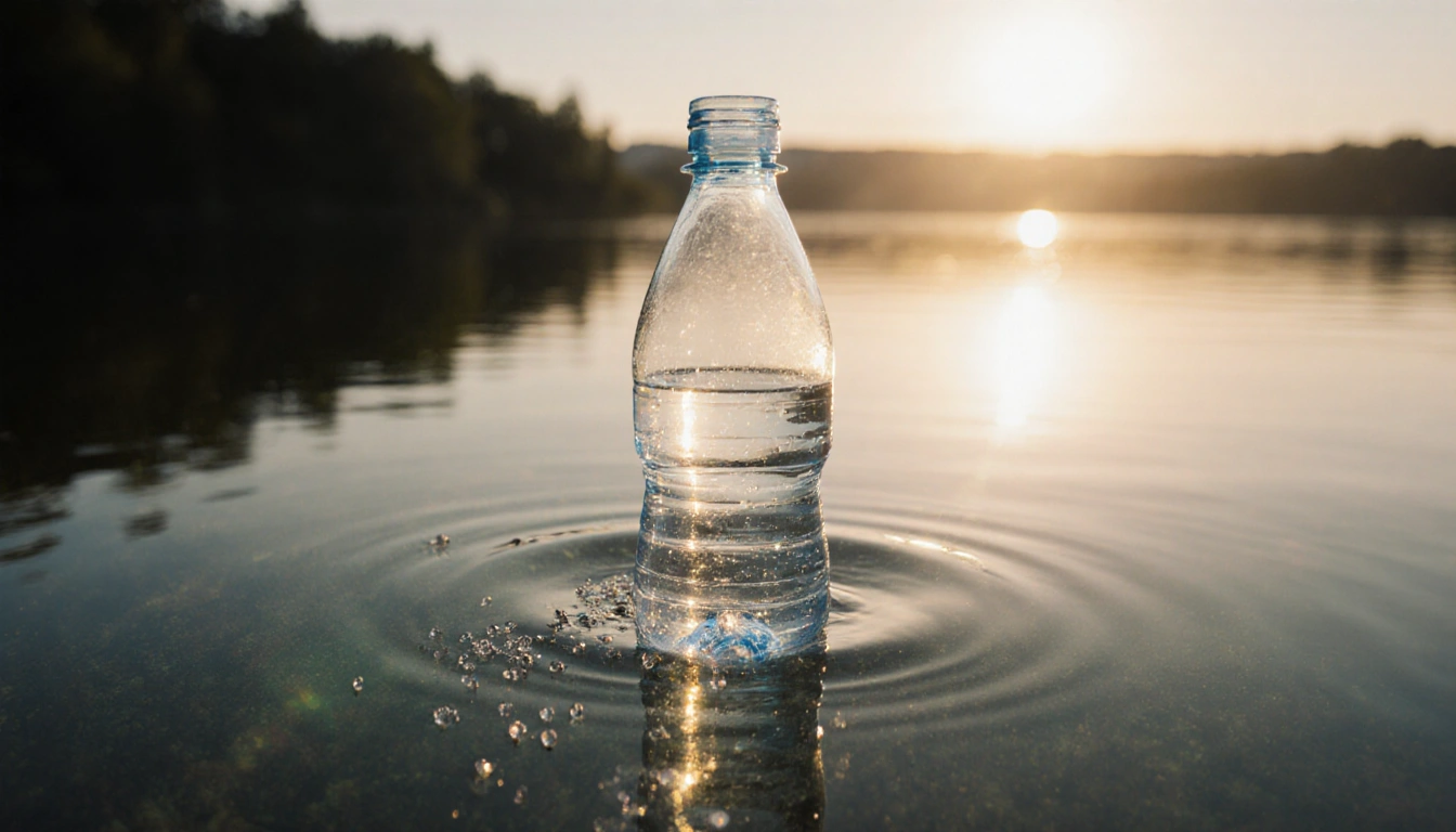 Plastic bottle floating in dawn lake with golden light and tiny microplastic specks reflected
