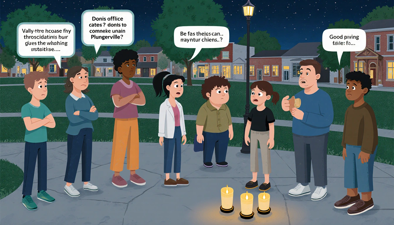 Residents in Pflugerville town square discussing safety with lit candles creating a hopeful somber atmosphere.