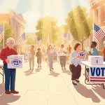 Voter holding a ballot box with soft golden light and campaign posters in city hall