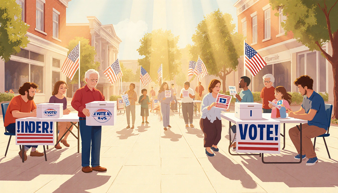 Voter holding a ballot box with soft golden light and campaign posters in city hall