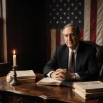 Editor writes with candle glow on hands and books near flag and Brooklyn Bridge in window