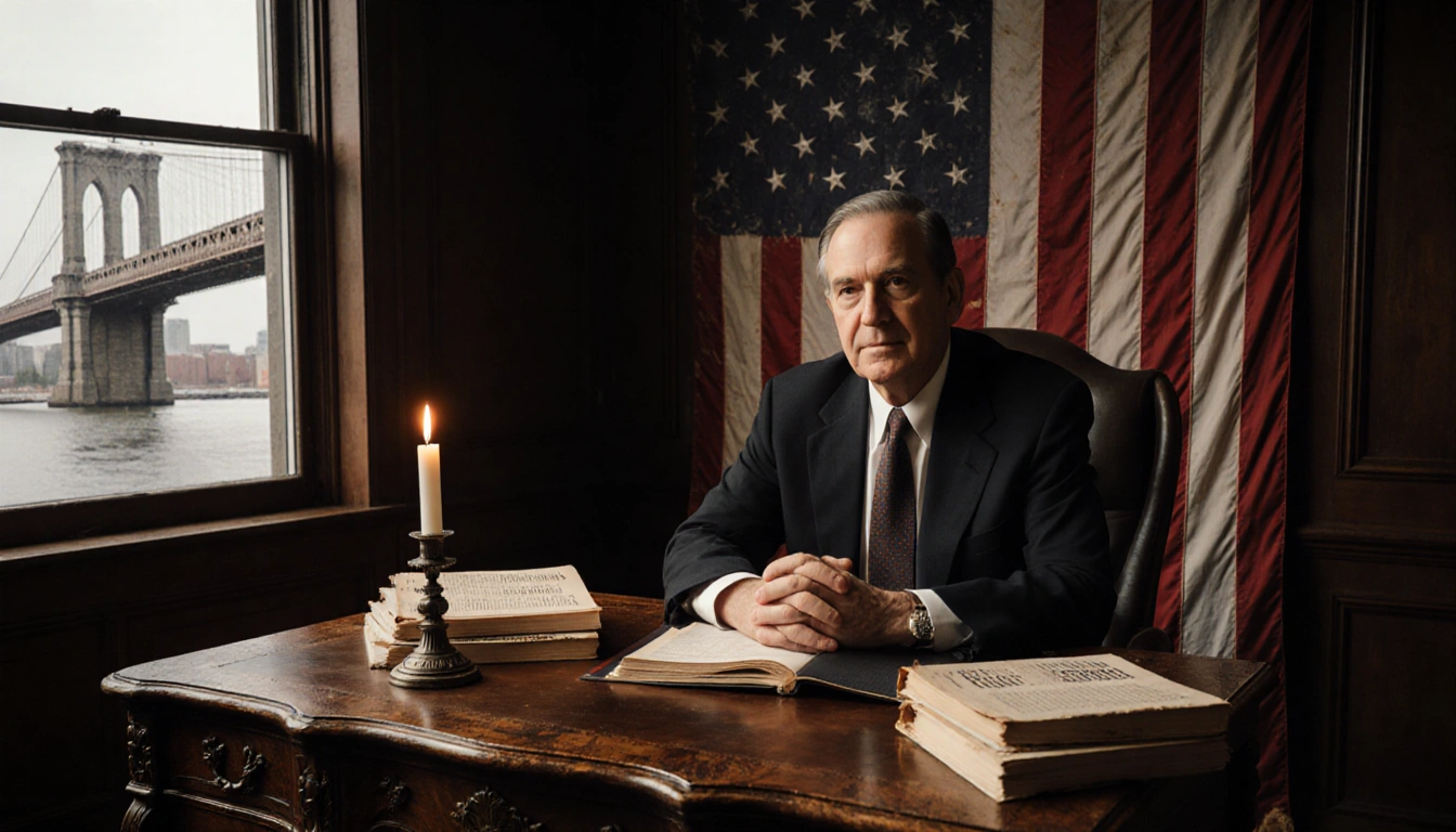 Editor writes with candle glow on hands and books near flag and Brooklyn Bridge in window