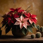 Bouquet of poinsettias and Christmas cacti rests on rustic wooden table with warm golden backdrop and soft diffused lighting