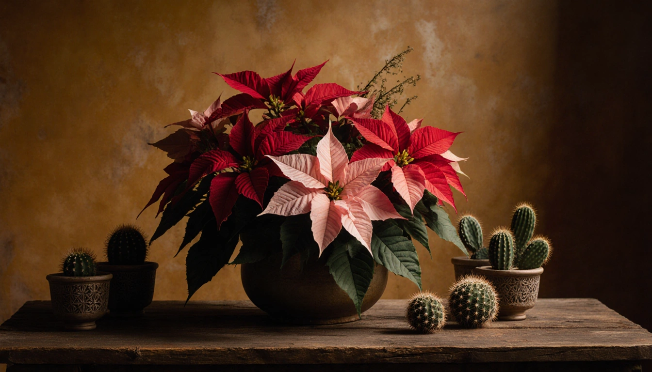 Bouquet of poinsettias and Christmas cacti rests on rustic wooden table with warm golden backdrop and soft diffused lighting