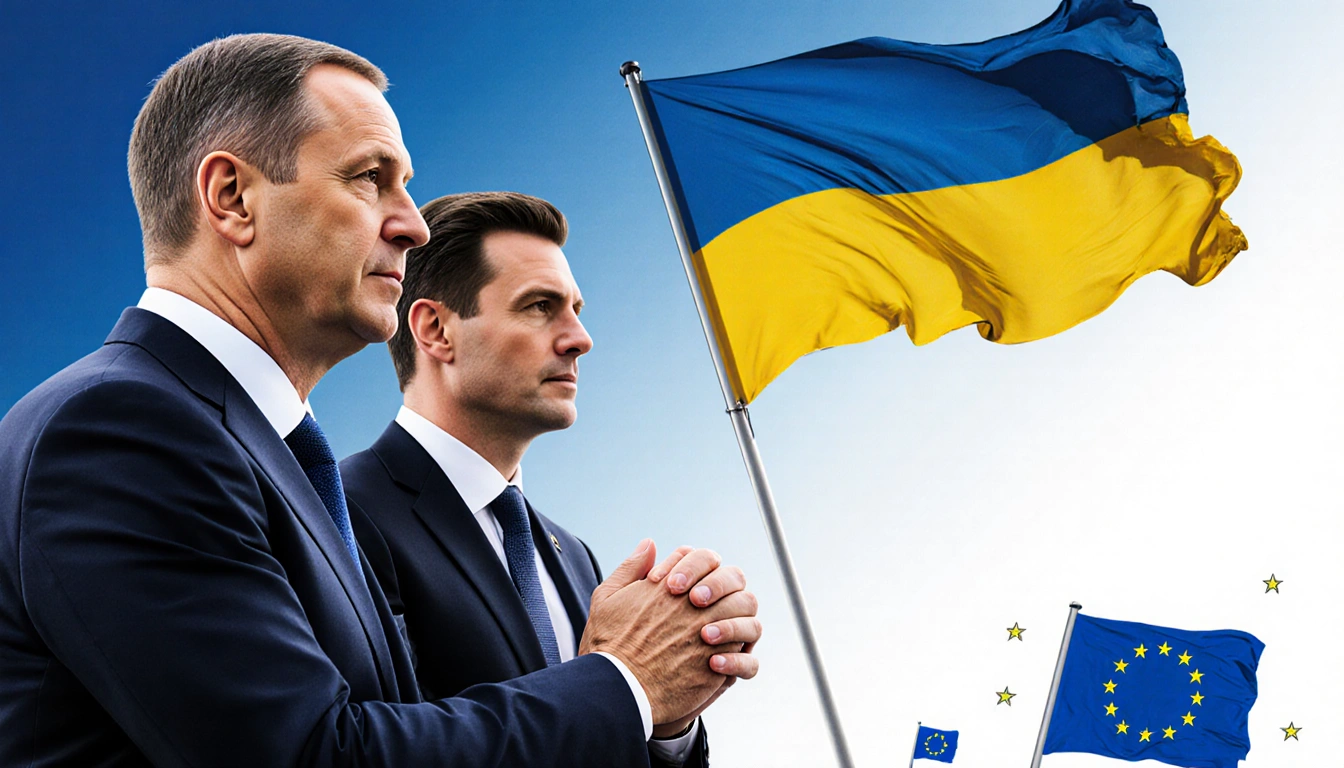 Donald Tusk and Volodymyr Zelenskyy clasping hands with a waving Ukrainian flag and EU symbols behind them