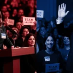 Lawmakers stand at opposite ends of a podium with supporters on each side in a chamber showing political polarization.