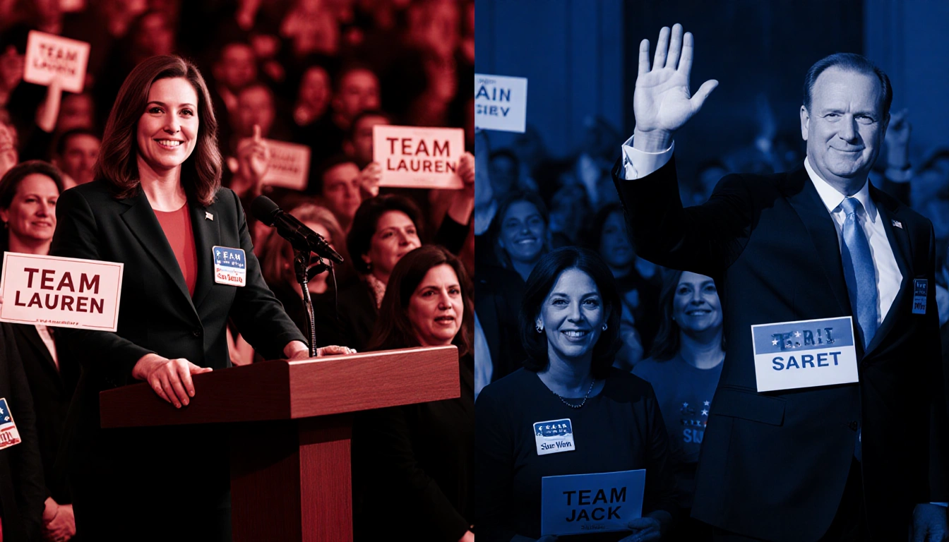 Lawmakers stand at opposite ends of a podium with supporters on each side in a chamber showing political polarization.