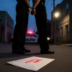 Handcuffed figures standing back-to-back with a white envelope marked Property of SMPD on ground and a police cruiser