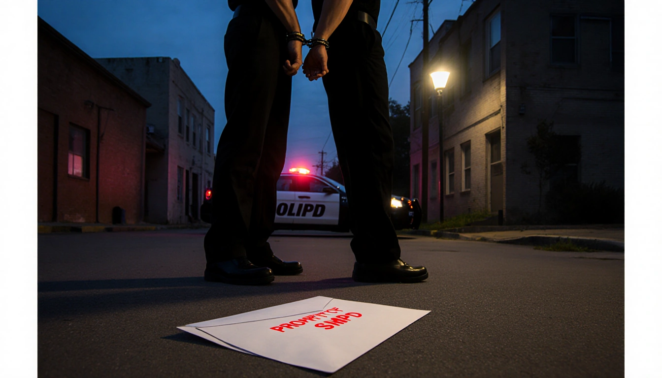 Handcuffed figures standing back-to-back with a white envelope marked Property of SMPD on ground and a police cruiser