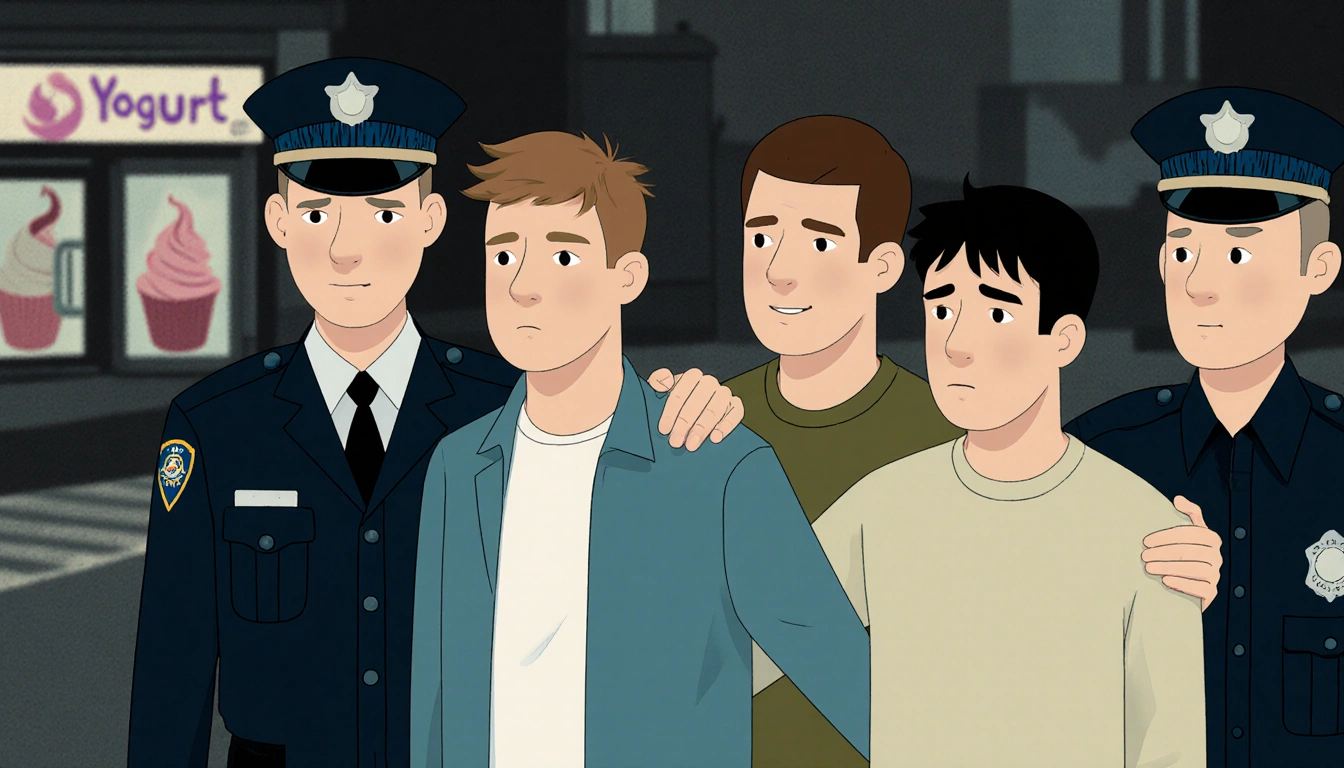 Four men being taken into custody by police with a blurred yogurt shop background and muted dim lighting